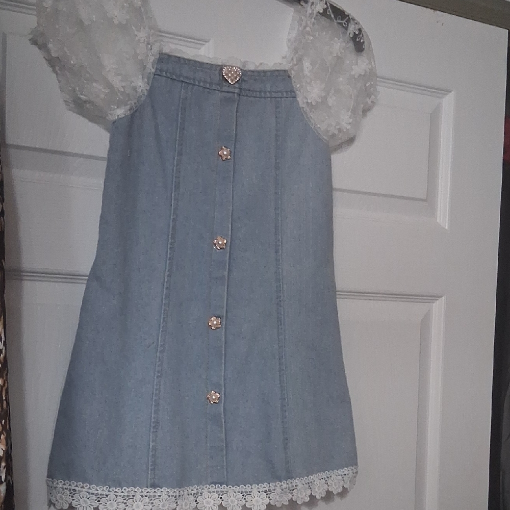 Girl's 6, Light Wash Denim Mini Dress with Lace Trim
